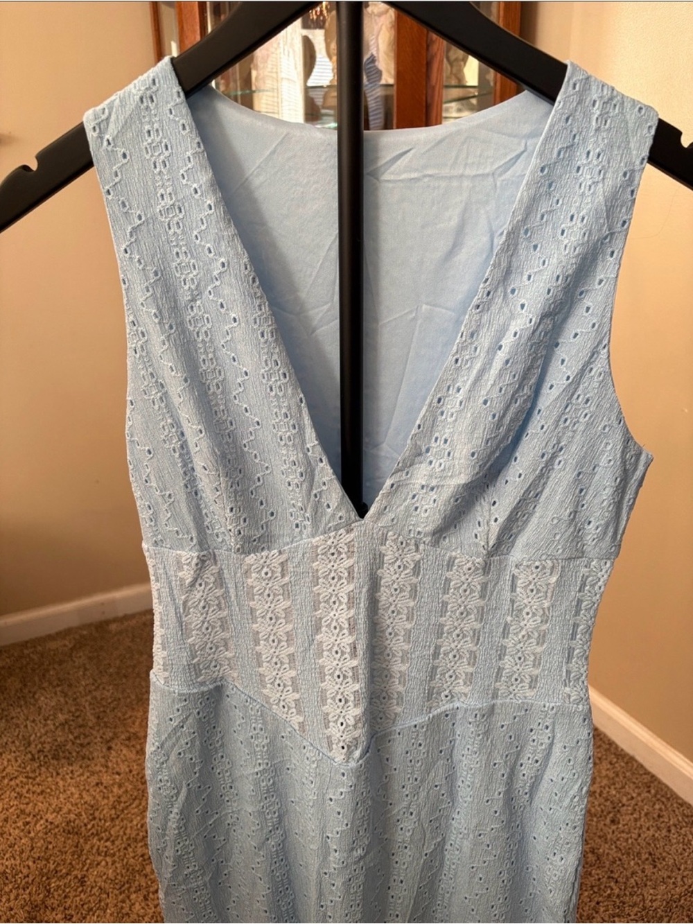 Sleeveless Light Blue Eyelet V-Neck Maxi Dress- Elegant Summer Staple